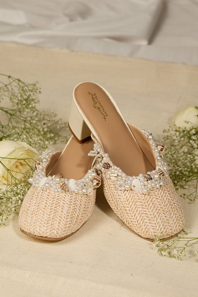 Off-white pearl and shell woven mule heels