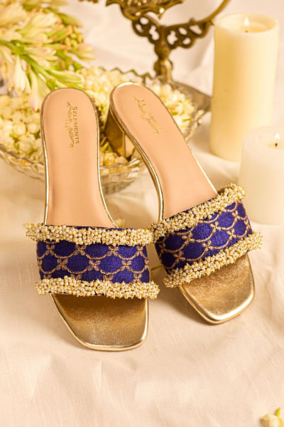 Blue and gold pearl embellished block heels