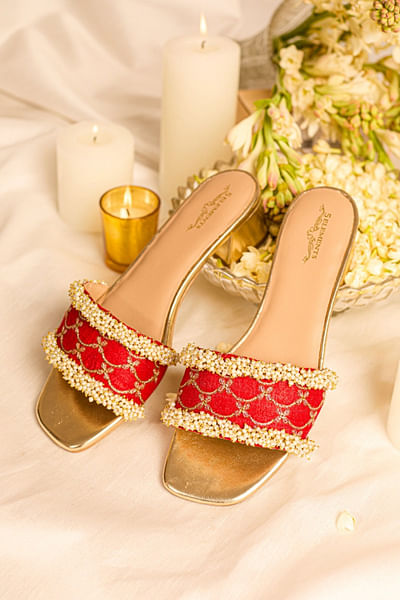 Red and gold pearl embellished block heels