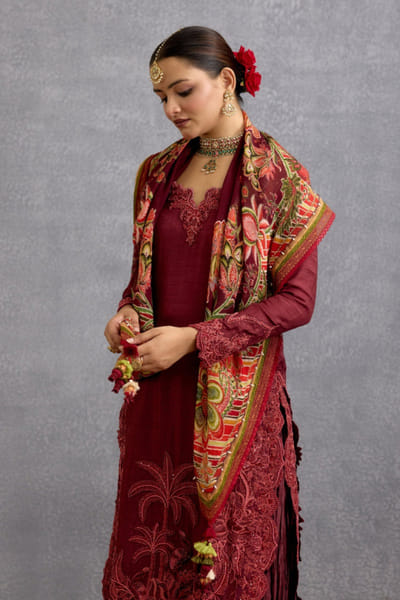 Maroon chintz printed organza scarf