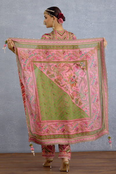 Pink floral embroidered organza scarf