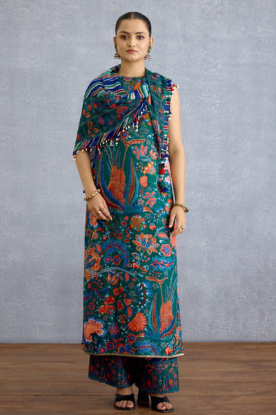 Blue striped floral georgette scarf