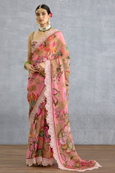 Pink floral printed organza sari