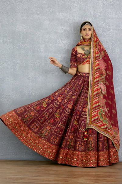 Maroon printed silk lehenga set