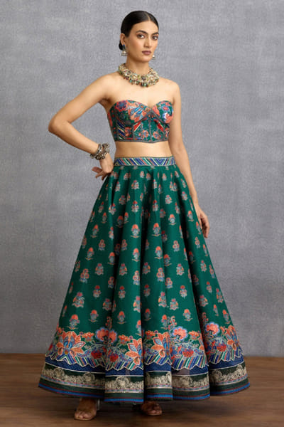 Green and blue printed silk lehenga set