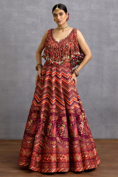 Red embroidered raw silk lehenga set