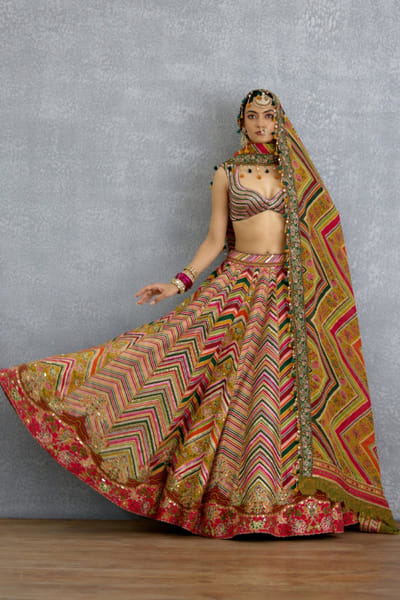 Multicolour chevron printed silk lehenga set
