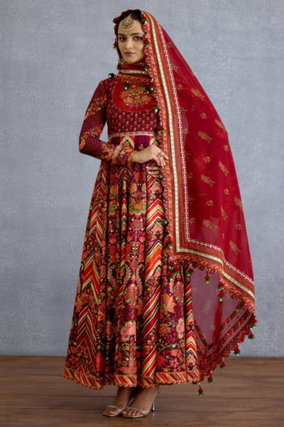 Torani Maroon floral embroidered silk anarkali set TORNOV25D138923