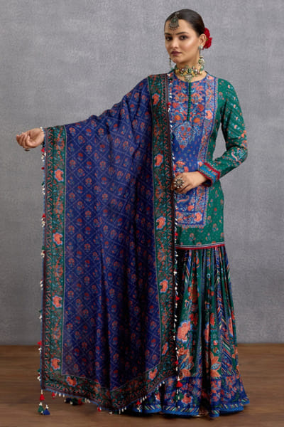 Torani Green and blue floral printed silk sharara set TOROCT25D135249