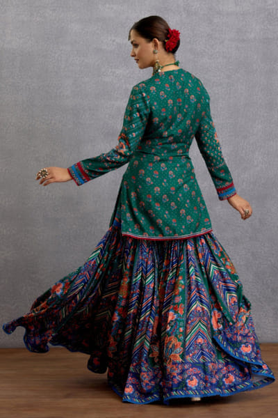 Torani Green and blue floral printed silk sharara set TOROCT25D135249