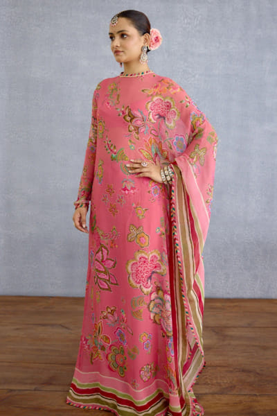 Multicolour floral printed silk kaftan set