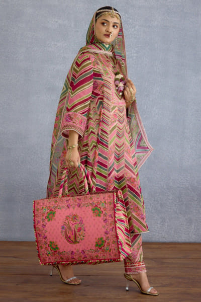 Pink floral printed canvas tote bag