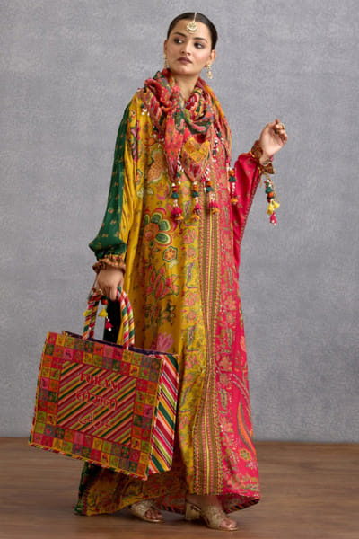 Multicolour chevron printed canvas tote bag