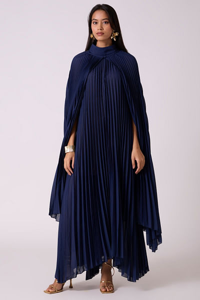 Navy accordion pleated cape and belted dress