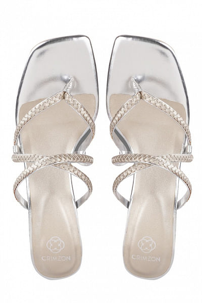 Silver braided block heel sandals