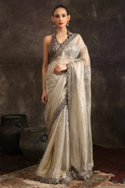 Ekru Silver and black embroidered sari set EKRUJUL26D150374