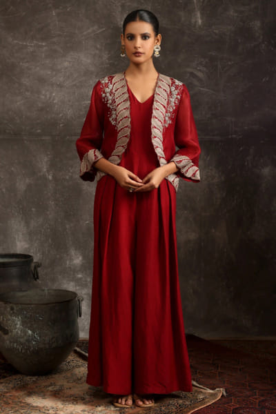 Ekru Maroon embroidered jacket jumpsuit EKRUJUL26D150355