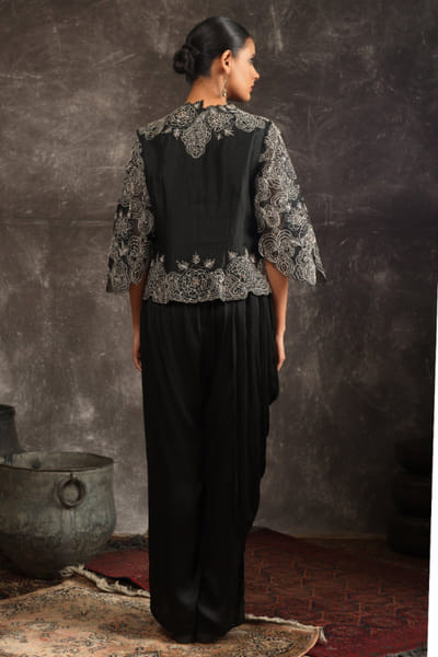 Ekru Black embroidered top and drape pant set EKRUJUL26D150366