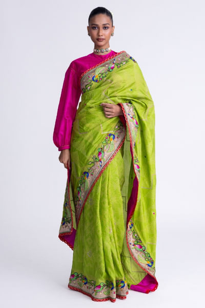 Lime Green aari embroidered bandhani sari set