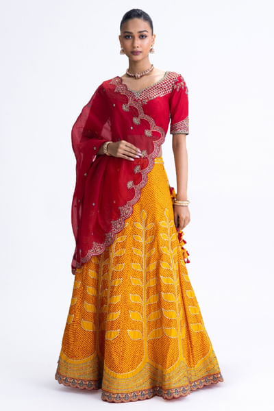 Yellow and red embroidery bandhani lehenga set