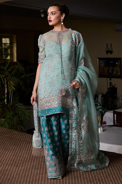 Ice blue embroidered kurta set