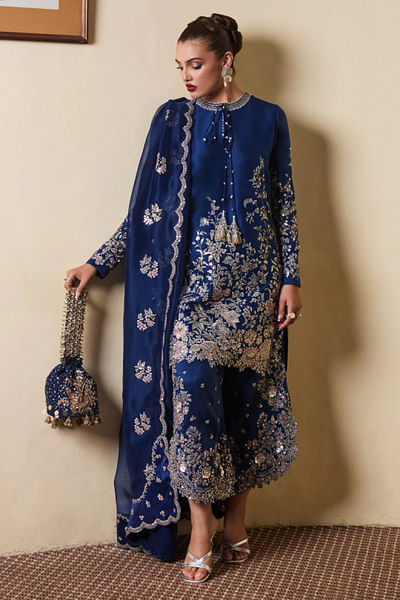 Navy blue floral embroidered kurta set