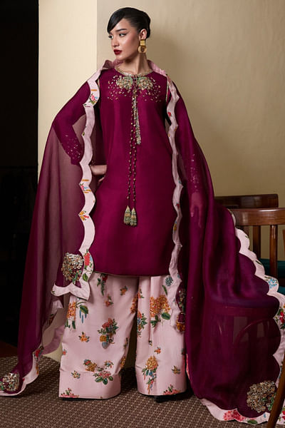Purple plum embroidered kurta set