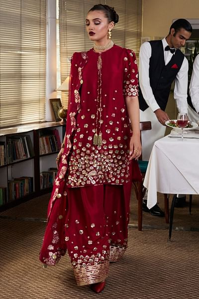 Hot pink floral sequin embellished kurta set