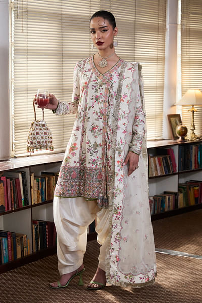 Ivorish pearl floral printed angrakha set