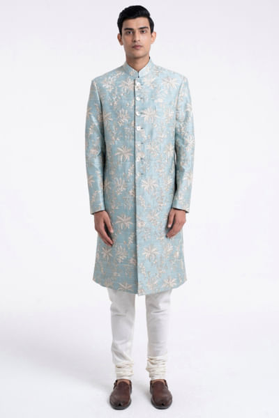 Powder blue zari embroidered sherwani set