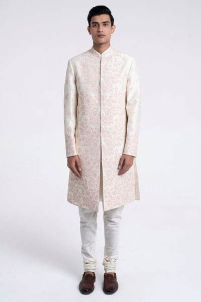 Cream embroidered silk sherwani set