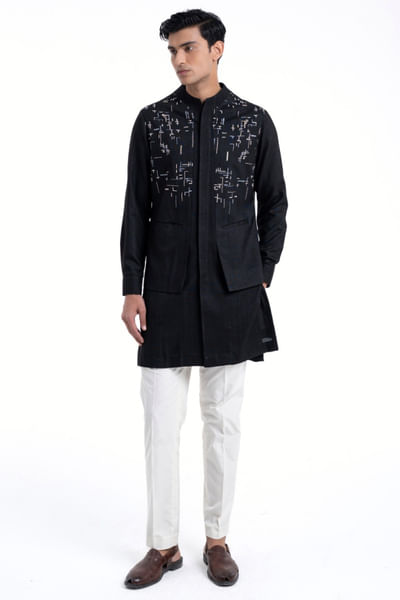 Black thread hand embroidered kurta set