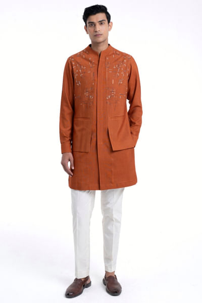 Burnt orange thread hand embroidered kurta set