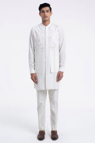 Ivory thread hand embroidered kurta set