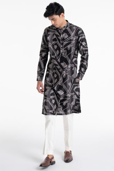 Black geometric print embroidered kurta set