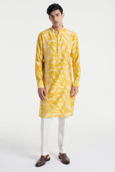 Marigold geometric print embroidered kurta set