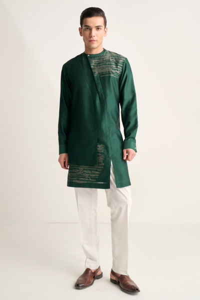 Bottle green zari embroidered silk kurta set