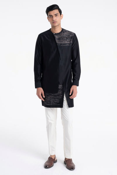 Black zari embroidered silk kurta set