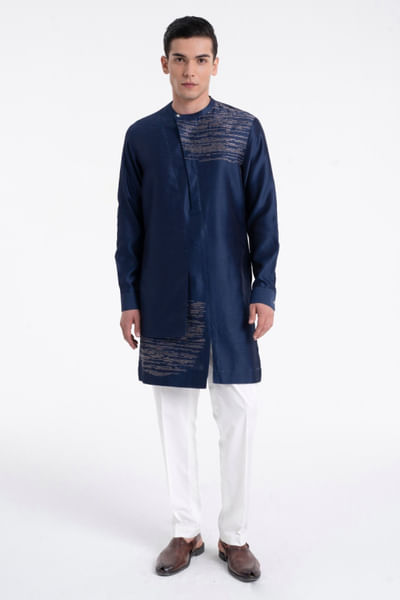 Navy blue zari embroidered silk kurta set