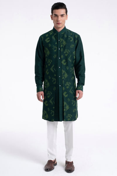 Bottle green embroidery and panelled kurta set
