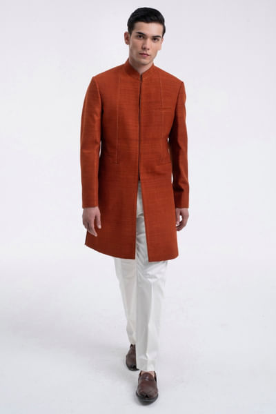 Burnt orange panelled sherwani set