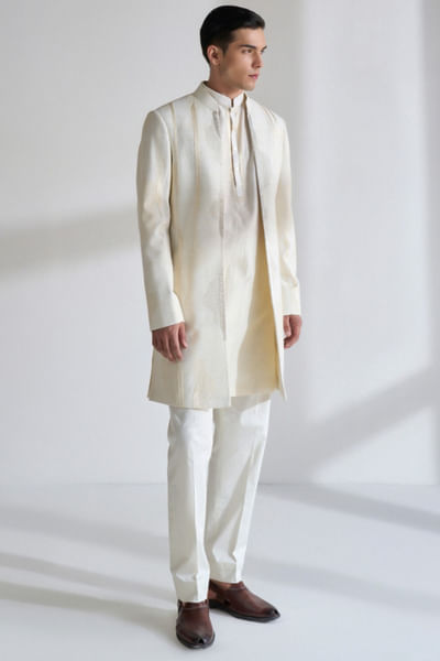 Ivory zari-thread embroidered sherwani set