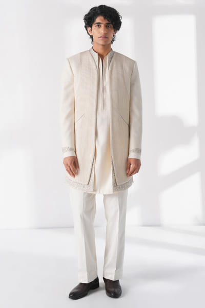 Ivory pintuck open sherwani set