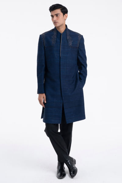 Navy blue hand embroidered sherwani set