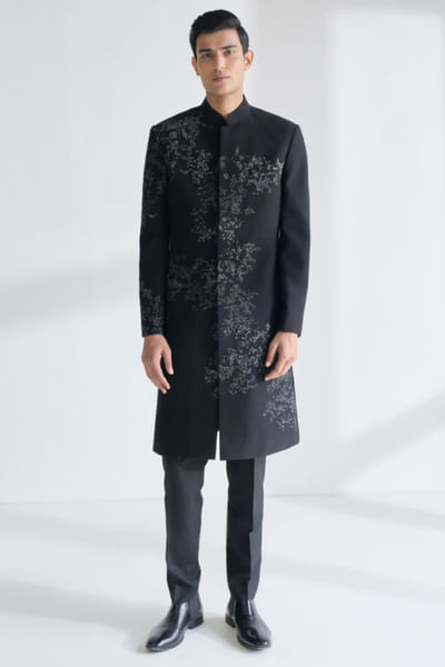 Black thread embroidered sherwani set