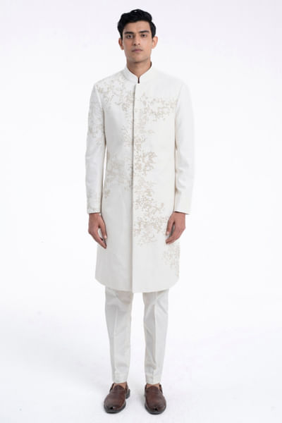 Ivory thread embroidered sherwani set