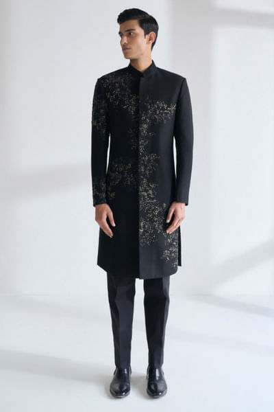 Black metal bead embroidered sherwani set
