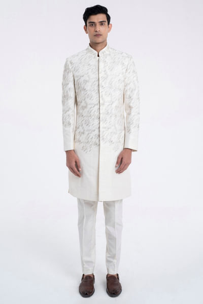 Ivory thread and bead embroidered sherwani set