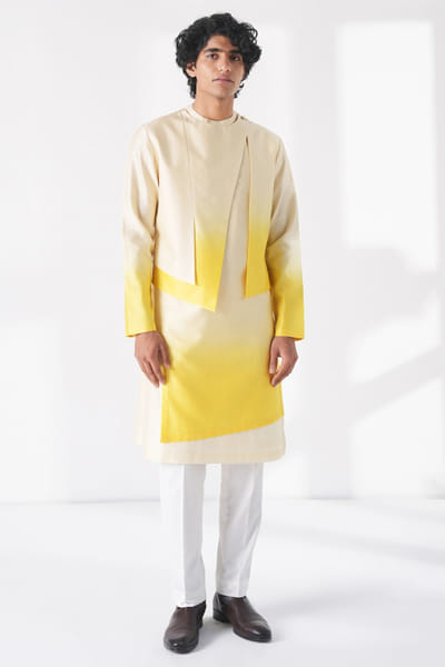Cream and mustard ombre layered kurta set