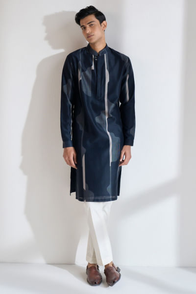 Navy blue printed chanderi kurta set